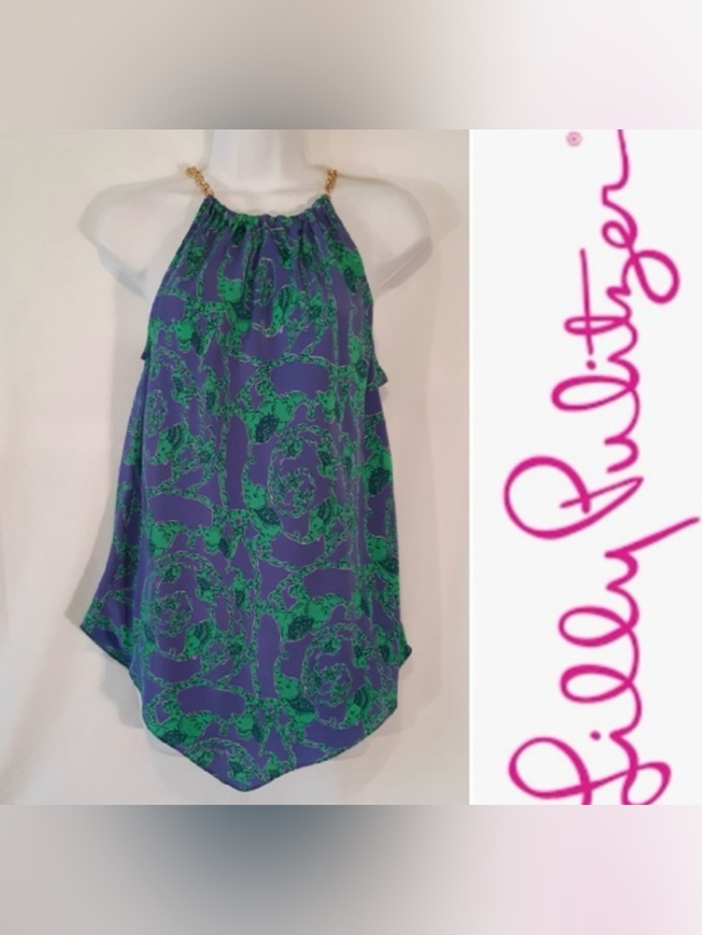 LILLY PULITZER Halter Top 100% Silk Small Cabana Chain Iris Blue Loopy Elephants
